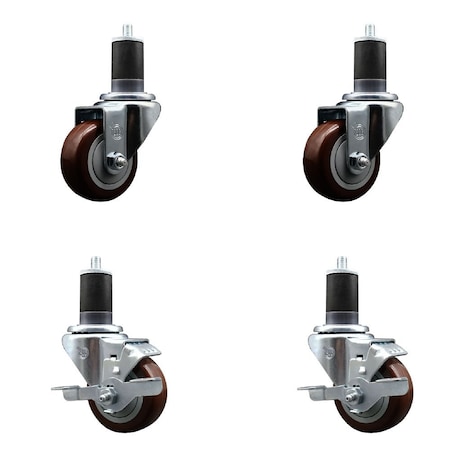 Service Caster 3'' Maroon Poly Wheel Swivel 1-5/8'' Expanding Stem Caster Set 2 Brakes, 4PK SCC-EX20S314-PPUB-MRN-2-TLB-2-158